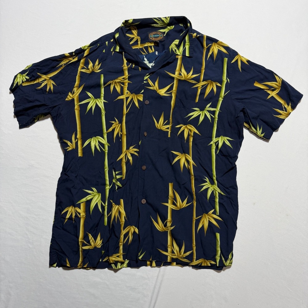Hawaiian Reserve Collection Men's XL Navy Bamboo Print Rayon Camp Shirt